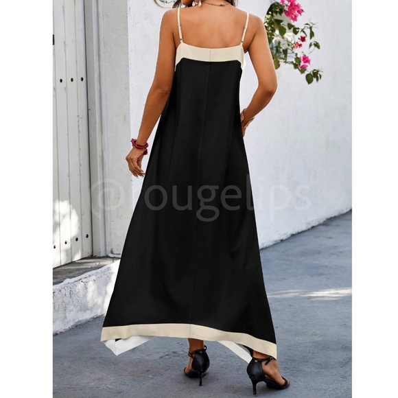 Black Maxi Dress Beige Trim V-Neck Cami A-Line Loose Flared Fit - Picture 4 of 6